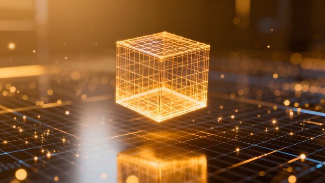 Golden wireframe cube on reflective surface