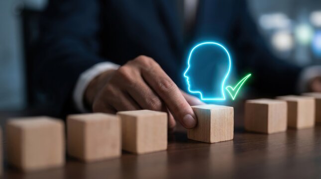 AI Recruitment and Talent Selection Concept: Businessman Hand Choosing Cube with Holographic Profile and Checkmark Interface