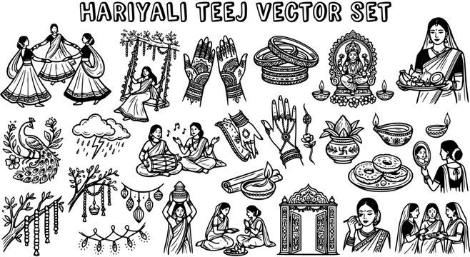 Hariyali Teej Festival Black and White Line Art Vector Set. Traditional Indian Hindu Culture Celebration Elements, Women, Rituals, Mehndi, and Symbols.