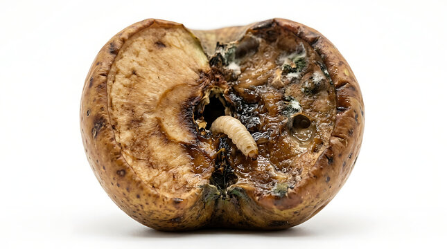 Close up of a decayed rotten apple with a small worm emerging from the core
