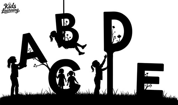Abcde silhouette illustration with children and floral elements
