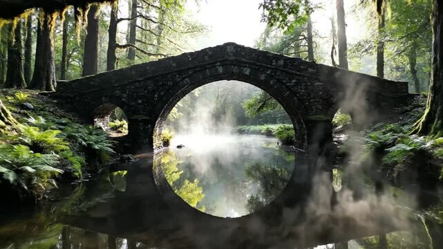 Ancient stone arch bridge over misty river in lush green forest at sunrise