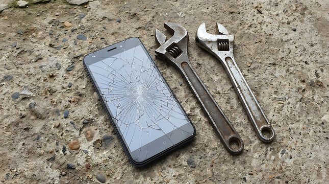 Close-up of a damaged smartphone with a cracked screen lying next to two metal repair tools on a textured concrete surface