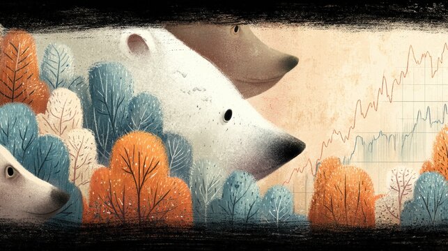 Global warming Artistic illustration of polar bears swimming among colorful autumn trees with chart background Conceptual global warming thermometer heat