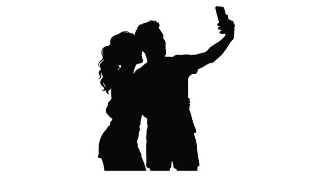 Silhouette of a happy young couple taking a selfie with a smartphone while standing together in a romantic pose to capture a joyful moment in this clean flat vector illustration.