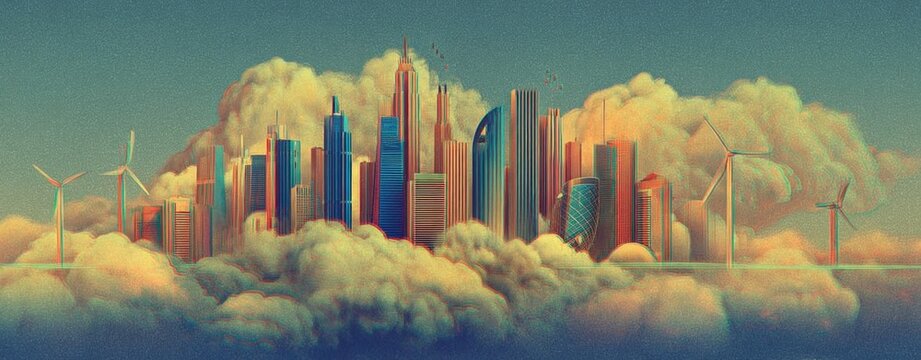 Global warming Stunning futuristic cityscape with skyscrapers wind turbines and lush cloudscape Conceptual global warming thermometer heat