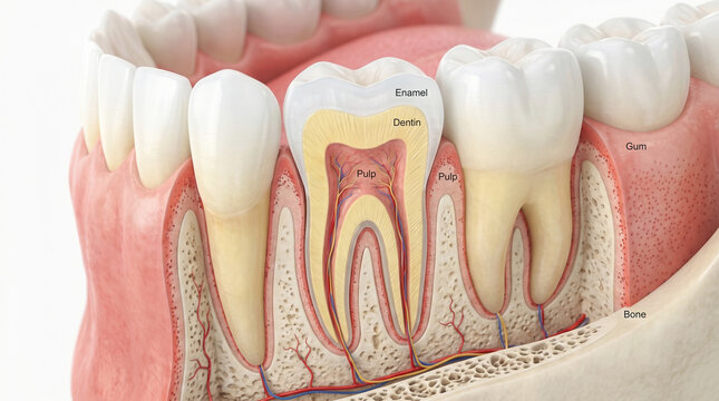 Detailed anatomical illustration of human teeth gums and jawbone structure