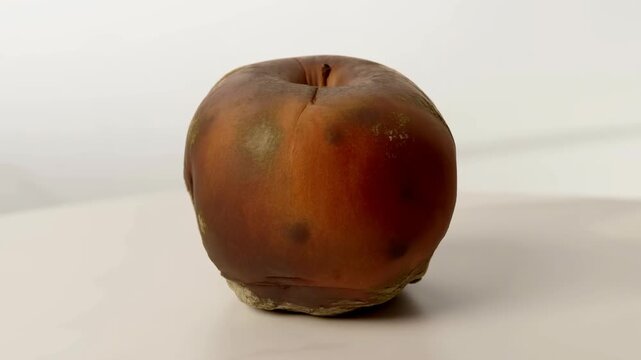 Time lapse shot of red apple decaying from fresh to rotten with mold on white background