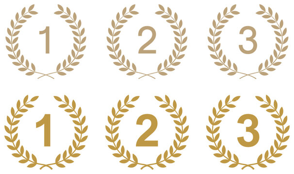 Award Wreaths: 1st, 2nd, 3rd Place. A set of stylized laurel wreaths denoting first, second, and third place rankings. competition prize, ranking symbol, victory emblem, success marker.