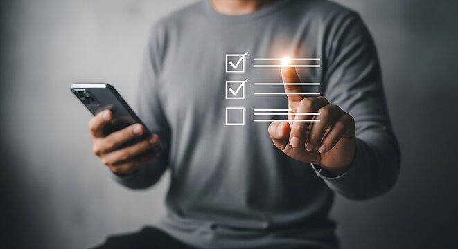 Person holding smartphone touching glowing checklist with two marked complete to-do list task list completed tasks