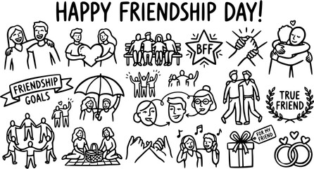 Fototapeta premium Happy Friendship Day doodle art icons, diverse friends celebrating, black and white line drawing, friendship goals, best friends forever, true friend symbol