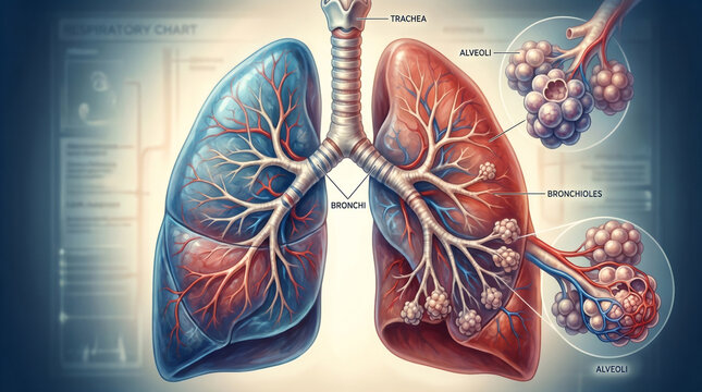 Human lung anatomy diagram with trachea bronchi and alveoli