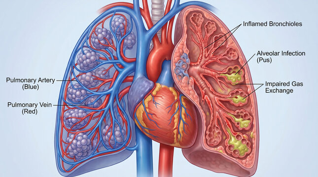 Human lung anatomy with pulmonary artery and vein