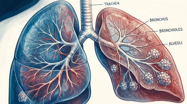 Detailed illustration of human lungs with trachea bronchus bronchioles and alveoli