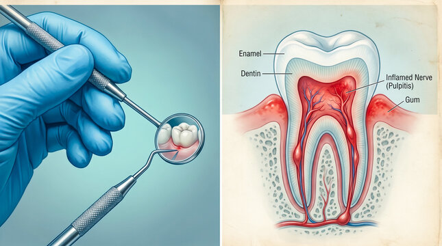 Dental examination and tooth anatomy illustration with inflamed nerve