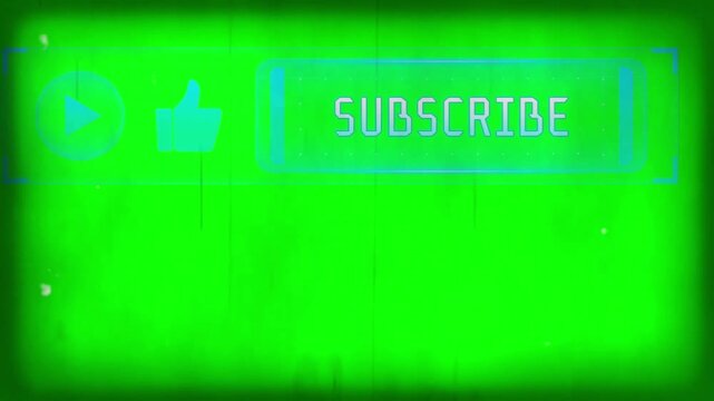 Subscribe button overlay features a thumb icon and play symbol with retro film grain effects on a green background, ideal for video channel branding and digital content creation for the internet.