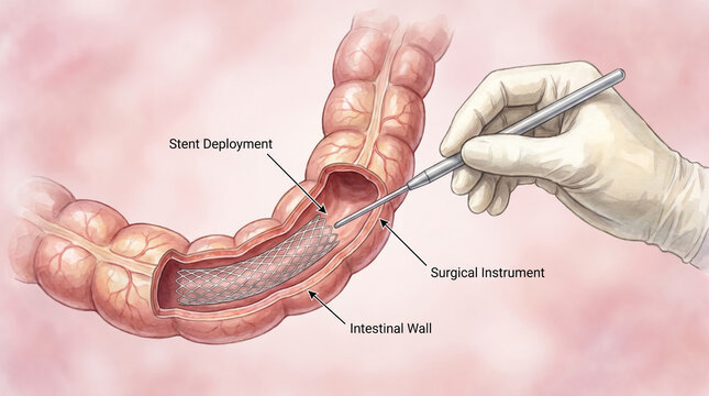 Intestinal stent placement illustration with surgical instrument