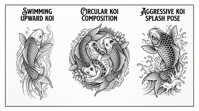 Koi Fish Tattoo Flash Sheet with Swimming Circular and Splash Pose Variations Vector Art