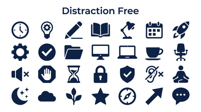 Collection of icons representing concepts of focus productivity and distraction free work environment including time management planning and concentration symbols