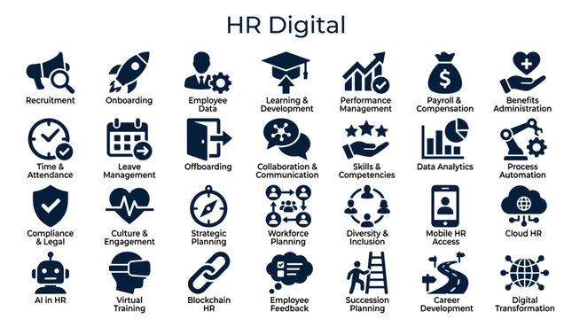 HR Digital Transformation Icons Representing Modern Human Resources Management Concepts and Technology Solutions