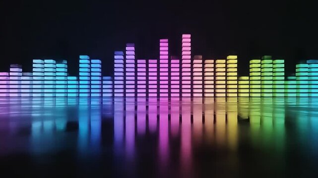 Digital equalizer graphic with colorful pulsating bars and reflections