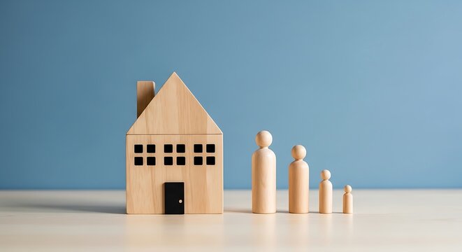 Wooden house and family figures in decreasing size on a light surface against blue background home