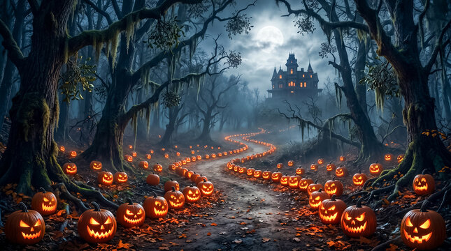 Sinister jack o lanterns lining a winding forest path under mist moon