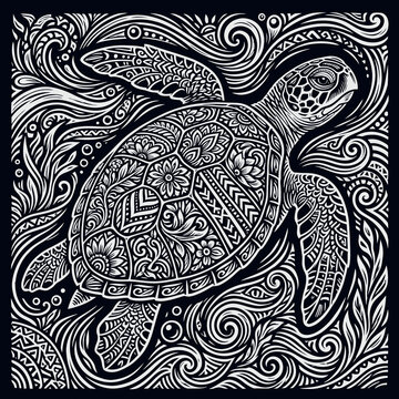 A gothic-style illustration of a turtle swimming through swirling waves and floral patterns.