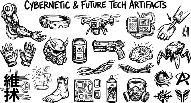 Black and White Hand-Drawn Cybernetic  Future Tech Artifacts Collection - Sci-Fi Robotics and AI Line Art Illustration Set