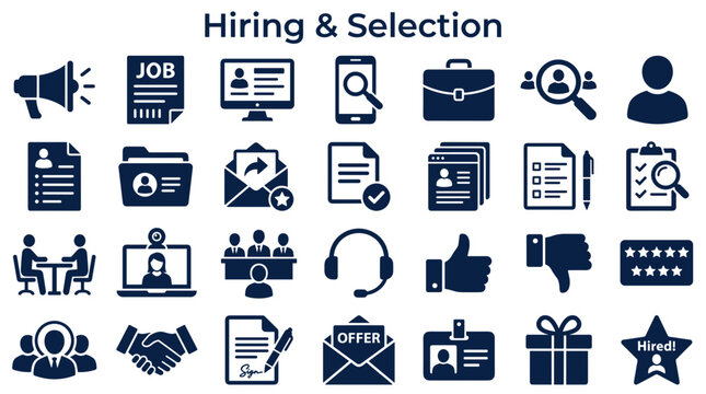 Hiring and Selection Process Icons Representing Job Search Recruitment and Employment Opportunities