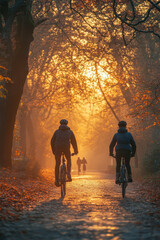 Fototapeta premium people riding bicycles on a forest path.