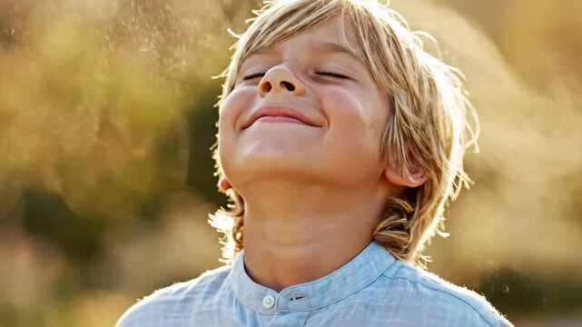Happy young boy feels a refreshing water spray on his face in slow motion. A smiling child enjoying a cool mist on a sunny summer day. Childhood joy and refreshment concept