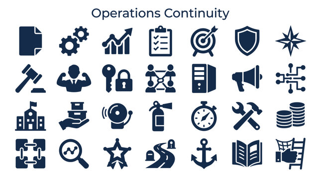 Operations continuity business strategy planning and risk management icons set for crisis management and disaster recovery solutions
