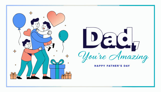 Happy fathers day card with a dad and two sons and gifts