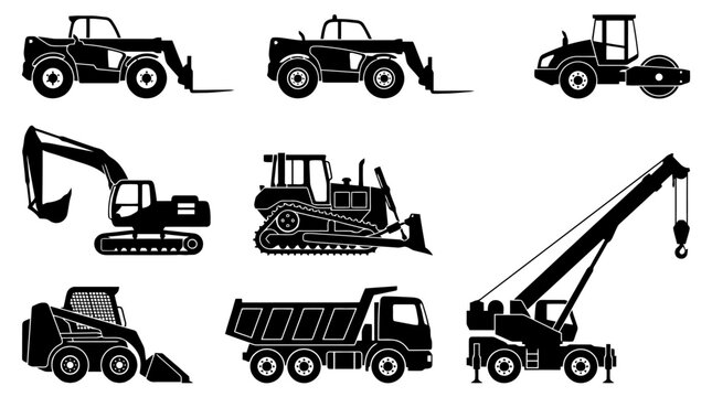 Collection of heavy construction vehicles icons.