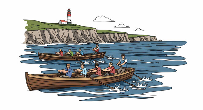 Illustration of rowers in wooden boats on the sea near a coastal cliff with lighthouse