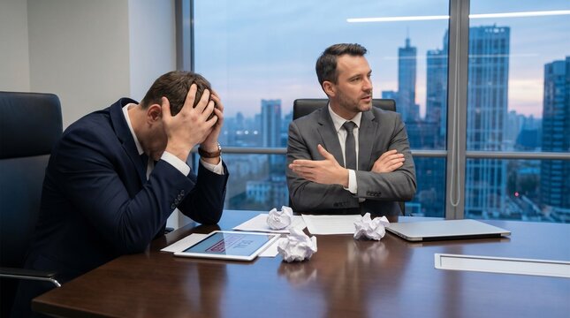 Business partners in conflict at office table showing failed negotiations, contract dispute, workplace stress, and breakdown of partnership with visible frustration and disagreement