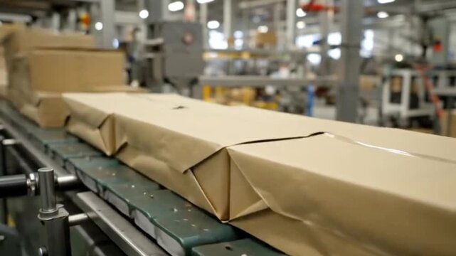 Automated conveyor belt system moving wrapped packages inside a modern factory facility industrial manufacturing production line background