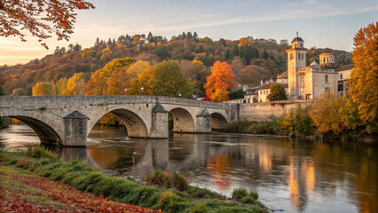 Obraz premium Stone Bridge and Old Building in Autumn Landscape