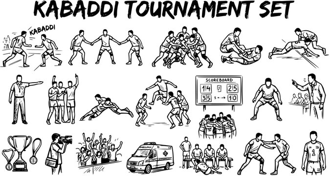 Kabaddi Tournament Set: Line Art Illustrations of Players, Scoreboard, Ambulance, Trophies  More