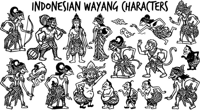 Indonesian Wayang Characters - Traditional Black and White Line Art Vector Illustration