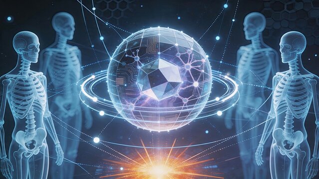 Futuristic medical concept with human skeletons surrounding glowing digital sphere representing AI diagnostics, neural networks, healthcare technology and anatomical data
