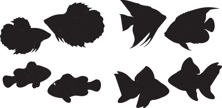 Black silhouette vector collection of various tropical aquarium fish species isolated on white background.