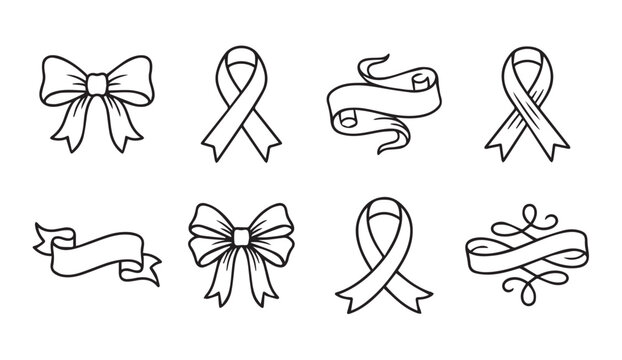 Collection of hand drawn ribbons and bows in simple line art style for design elements