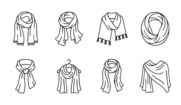 Collection of hand-drawn scarf styles with clean lines on a white background for fashion design
