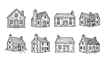 Fototapeta premium Collection of hand-drawn stone cottages with chimneys in a simple line art style
