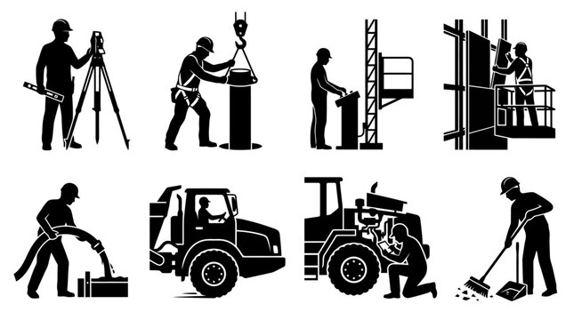 Construction workers and heavy machinery icons.