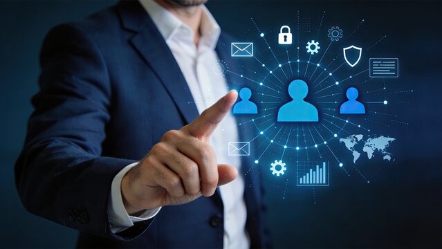 Businessman pointing at holographic user network interface with security lock and data protection icons, representing global connectivity and digital identity management