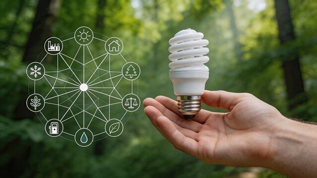 Hand holding energy saving light bulb in green forest with ecological sustainability icons, representing renewable energy, environmental protection and eco-friendly lifestyle