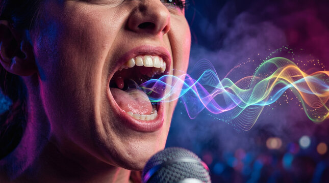 Woman singing into a microphone loudly.